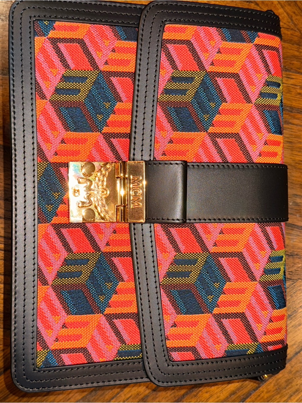 MCM Multicolor Geometric Canvas Clutch with Gold Hardware